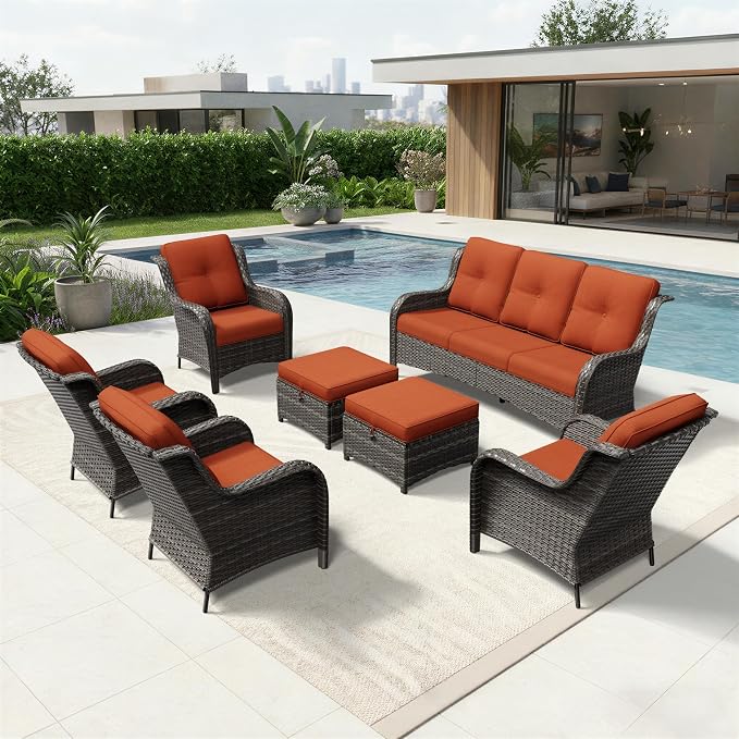 Joyside 7 Piece Wicker Patio Furniture Set, Rattan Patio Chairs with High Back, Deep Seating, Wide Armrest, Thickened Cushions, Outdoor Furniture for Deck, Porch Use