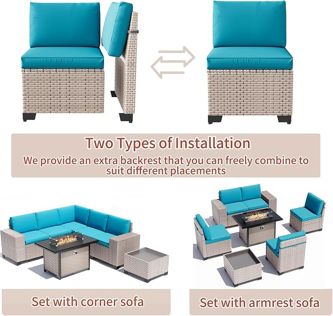 6 Pieces Patio Furniture Set, Outdoor Sectional Wicker Sofa with Thickened Cushions and Coffee Table, High Back Rattan Patio Conversation Sets for Garden Backyard, Cyan
