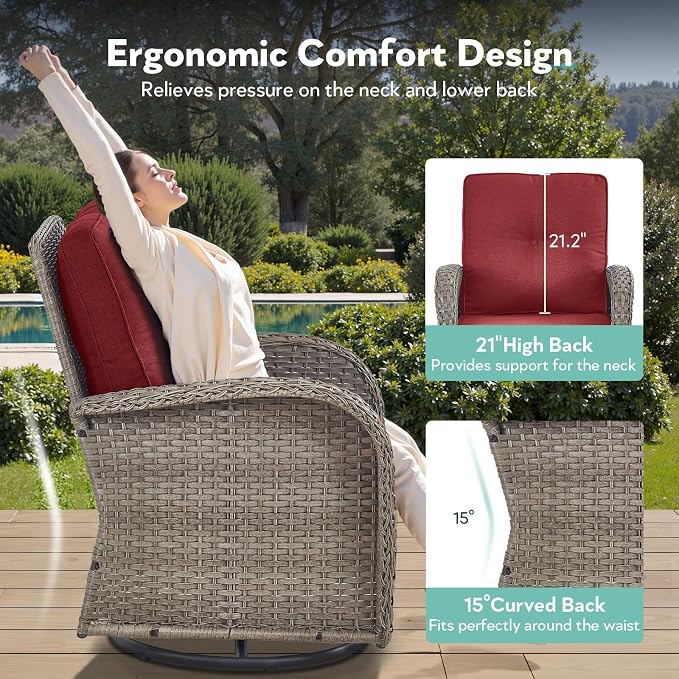 5 Piece Patio Furniture Set with Fire Pit Table - Wicker Patio Conversation Set with Swivel Glider, Glider Loveseat, Tempered Glass Side Table for Deck Backyard - Grey Wicker Red Cushion
