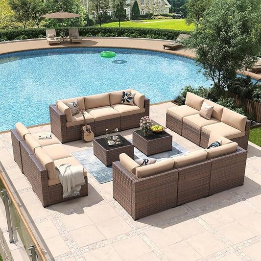 14 Piece Wicker Rattan Patio Furniture Set with Outdoor Sectional Sofa, Modular Conversation Seating, Coffee Table and Thick Cushions, PE Wicker Lounge Set for Deck, Garden, Backyard, Porch or Poolsid