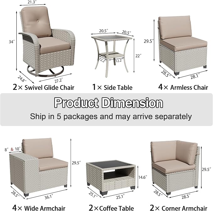 15-Piece Outdoor Patio Furniture Set, Modular Sectional Sofa Set with Swivel Rocker Chairs, Wicker Outdoor Couch Conversation Sets w/Coffee Table and Cushions, Khaki