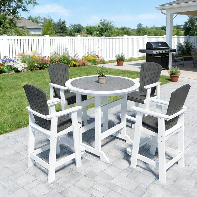 JUSTONE 5 Pcs Outdoor Patio Bar Stools Set, 4 Bar Stools and Table with Umbrella Hole, All-Weather Patio Bistro Set,Outdoor Bistro Set for Lawn Garden, Balcony,HDPE Material (5-Pcs, Grey and White)