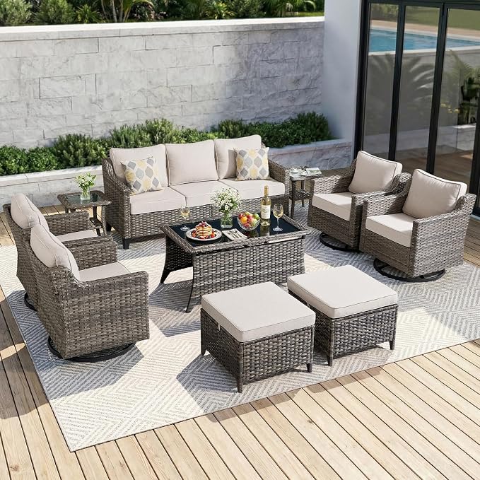 Luxury Patio Furniture sofa Set - 10 Pieces All Weather Wicker Outdoor Couch and High Back Swivel Rocker Patio Chairs with Glass coffee table for Deck Yard and Poolside Gray Wicker | Beige Cushions