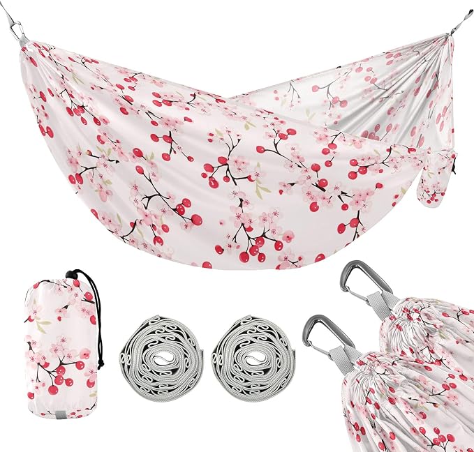 Camping Hammock Outdoor Hammocks for Outside Cherry Flower Pink Beach Trees Portable Lightweight with Pockets Tree Straps Indoor