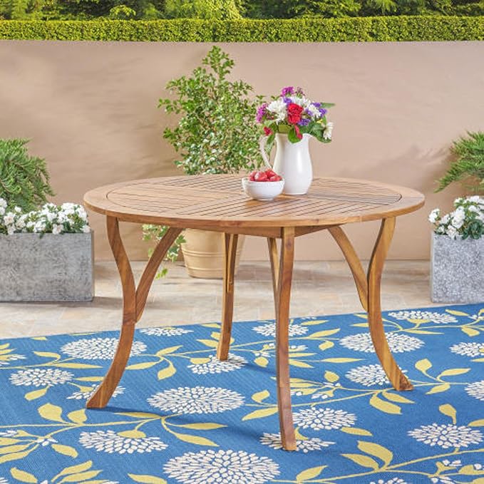 HRVEOCEI Round Outdoor Table & Teak Outdoor Furniture, 47 Inch Round Wood Dining Table, Weather Resistant Patio Furniture, Teak Finish Acacia