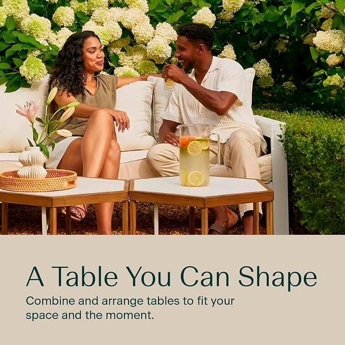 Honeycomb Indoor/Outdoor Omni Table: Weather, Rust, Heat, and Stain Resistant, Flexible Design to Stand Alone or be Combined, Stylish Yet Sturdy, White Tile Top, Steel Frame with Oak Finish