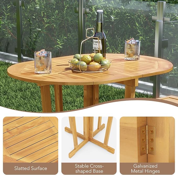 Tangkula Outdoor Teak Wood Bar Table Folding, Patio Bar Height Oval Table with Slatted Tabletop and Cross Base, Pub Height Table for Patio, Porch, Backyard, Poolside