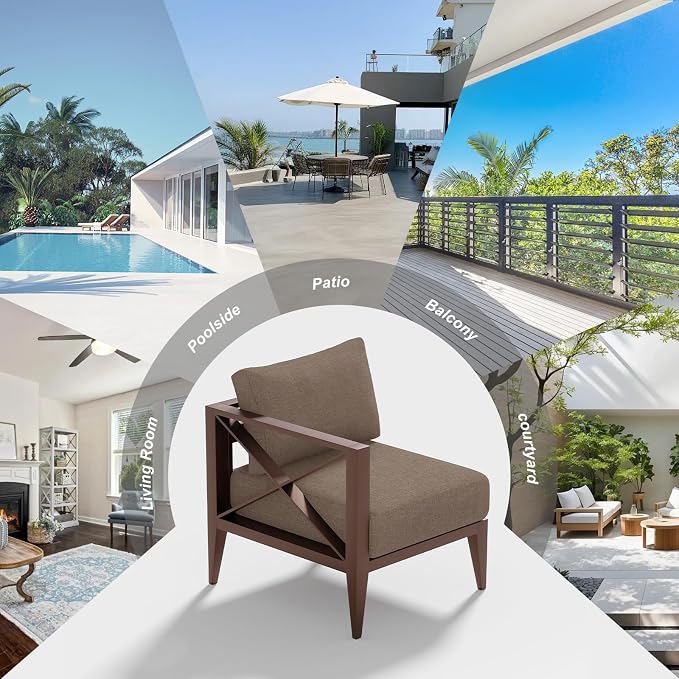 Outdoor Aluminum Patio Furniture Set, 5-Seats Patio Conversation Sofa Set with 1 Corner Sofa and 2 Coffee Tables, All Weather for Pool, Balcony, Garden-Brown