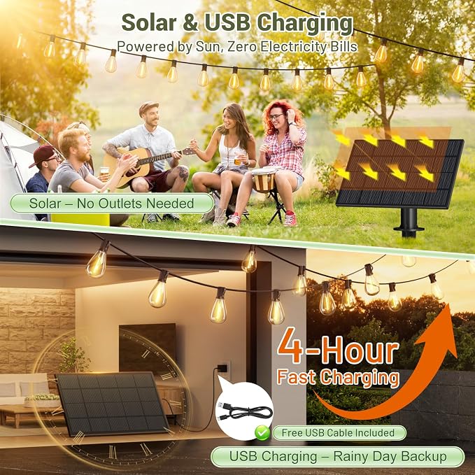 50FT Solar String Lights Outdoor, 18+1LED Shatterproof Bulbs with Remote & USB Port, Waterproof 3 Modes Dimmable Solar Lights for Backyard, Patio, Camping
