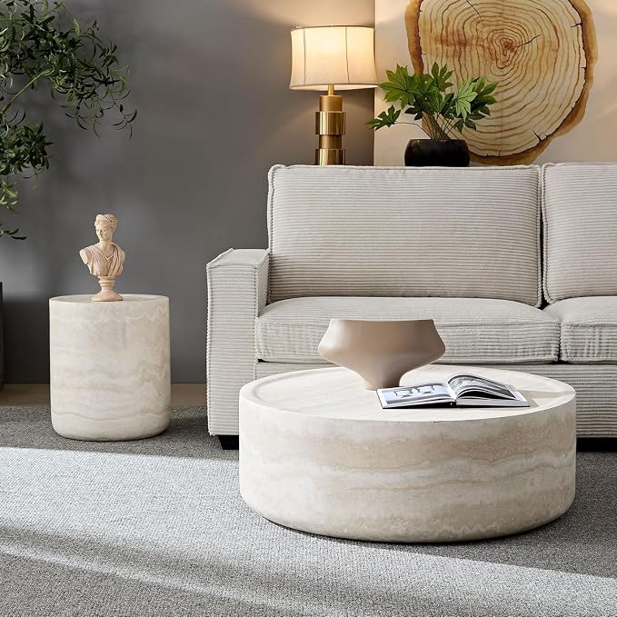 Modern Round Coffee Table End Table Set of 2 Faux Travertine Marble Pattern Circle Coffee Tables Side Table Set for Living Room Apartment No Need Assembly (Fiberglass 2piece)