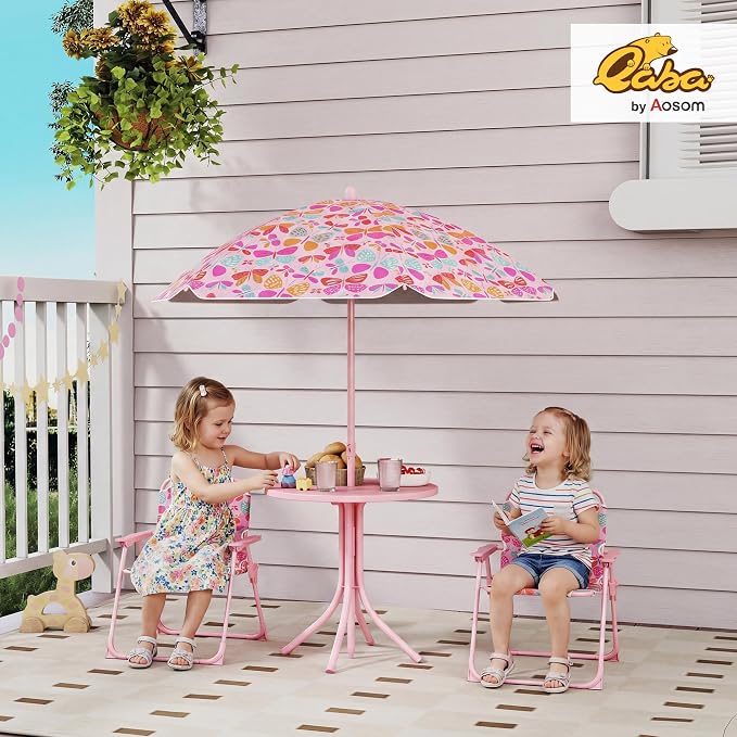 Qaba Kids Picnic Table and Chair Set, Outdoor Activity Table with Foldable Chairs, Removable Umbrella, Butterfly Pattern Toddler Patio Furniture for Backyard, Garden, Pink