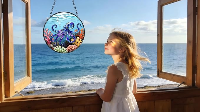 Stained Glass Window Hanging - The Blue Octopus is Foraging in The Coral 6.3 Inches Suncatcher for Garden Home Decor for Women Mom Grandma Friends