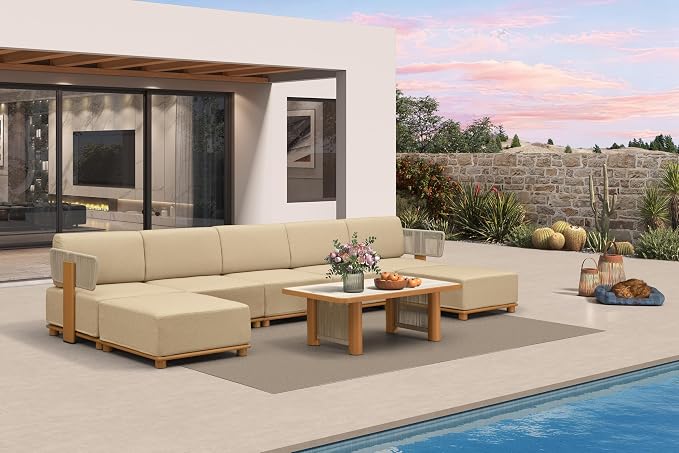 PURPLE LEAF Patio Furniture Set Modular U-Shaped Outdoor Sectional Sofa with 11" Thick Cushion 8-Piece Outdoor Conversation Set w/Ottomans & Coffee Lights for Backyard Poolside Table Included, Beige