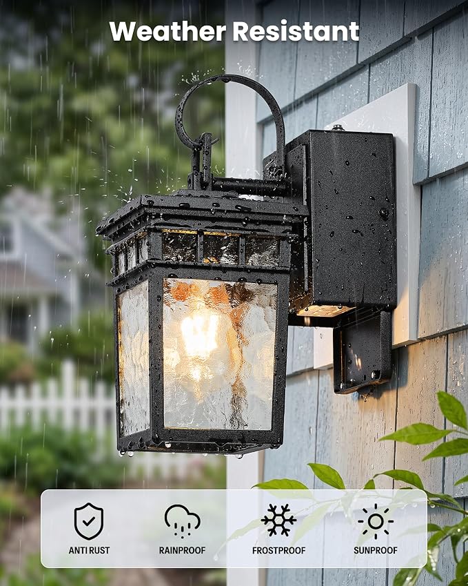 Gleamz 2 Pack Black Outdoor Wall Lights with GFCI Outlet, Dusk to Dawn Outdoor Lighting with Water-Ripple Glass, Anti-Rust Porch Lights for House, Garage, or Patio, 100% Aluminum, Waterproof