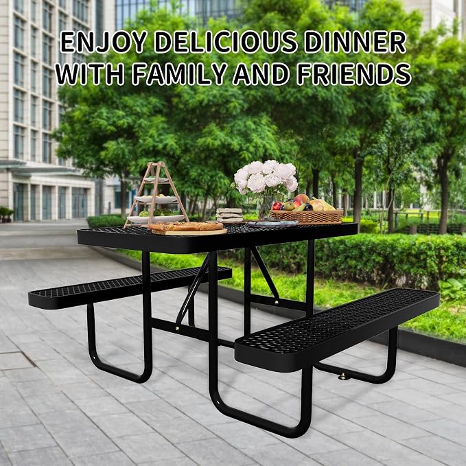 4FT Metal Picnic Table with Benches, Rectangular Lifetime Picnic Table with Umbrella Hole, Outdoor Furniture Heavy Duty Sturdy Commercial Picnic Tables for Patio Garden Courtyard BBQ Shopping Centers