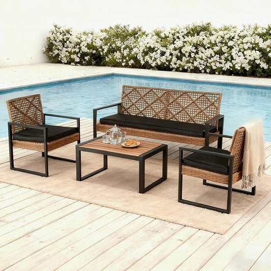 COOS BAY Haven Lounge 4 Piece Rattan Patio Furniture Set, Outdoor Wicker Patio Conversation Set for Balcony & Backyard, Light Brown/Black