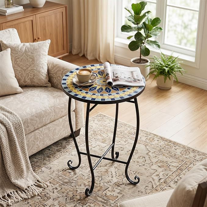 Giantex Outdoor Side Table, Bright Sunflower Mosaic Patio Accent Table, 14" Coffee End Table, Indoor Outdoor Metal Plant Stand for Porch Garden Balcony Desk