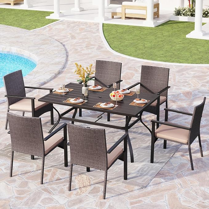 PHI VILLA 7 Piece Patio Dining Set, 60” Rectangular Table, Rattan Chairs | Outdoor Dining Set for 6, Metal Dining Table with Umbrella Hole, Wicker Chairs with Cushions for Patio, Deck, Porch