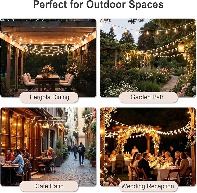 Outdoor-String-Lights with Remote 102FT Waterproof lights for Outside Patio | 1FT Bulbs Apart, White Cord String Lights, Connectable Dimmable Patio Lights with Remote,Timer, 3 Modes for Backyard,Bistro