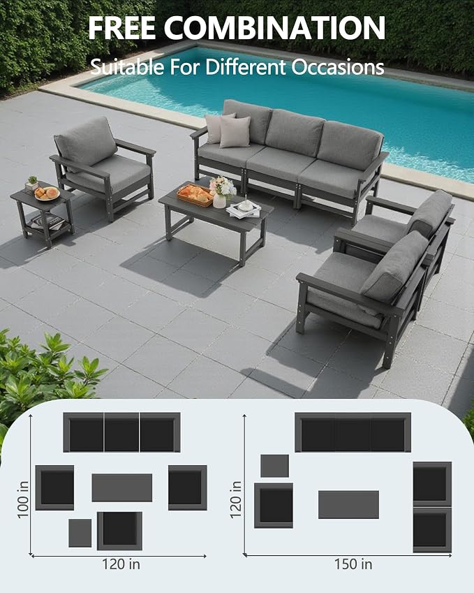 HDPE Outdoor Patio Furniture Set, 8-Piece Sofa Set with 3-Seat Couch, 3 Armchairs,Side Table & Coffee Table, Weatherproof Conversation Set with Cushions,for Garden, Porch & Backyard