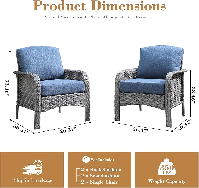 Wicker Patio Chairs Set of 2, Porch Furniture Set Two Single Chair, All-Weather High Back Outdoor Rattan Chairs of 2 for Small Space Porch, Backyard, Balcony, Denim Blue