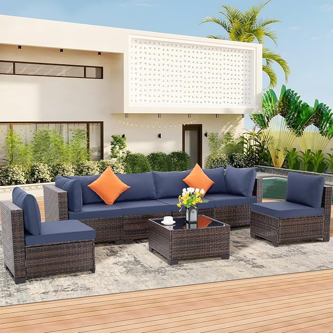 FHFO 7 Piece Outdoor Wicker Patio Furniture Set, Brown/Blue | Sectional Sofa | All-Weather Hand-Woven Rattan | Tempered Glass Coffee Table | Free Combination | Indoor & Outdoor Use