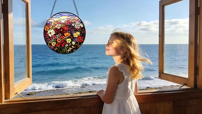 Stained Glass Window Hanging Ornament, Flowers and Green Leaves 6.3 Inches Suncatcher for Window Home Decor Bithday Christmas Monther's Day Gifts for Women Men and Mom