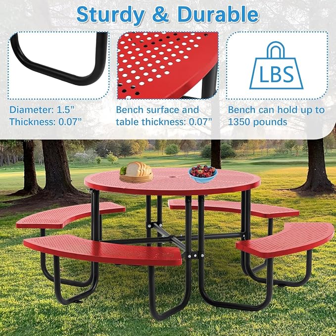 46" Round Metal Picnic Table with Umbrella Hole, Heavy Duty Portable Outdoor Dining Set, All-Weather Steel BBQ Party Table for Patio Garden Backyard, Red (Red-Round)