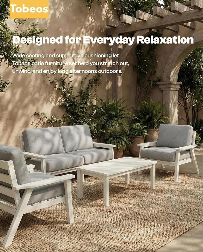 HDPE Patio Furniture Set 8 Seats, Outdoor Couch with Washable Thick Gray Cushions & Side Table, Outdoor Sectional Furniture for Backyard, Deck, Lawn, Porch (White Frame)