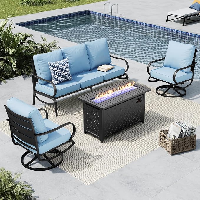 MFSTUDIO 4 Pieces Patio Conversation Sets, All Weather Metal Frame Outdoor Furniture Set Patio Sofas with 1 x 45 Rectangular Propane Fire Table, 1 x 3-Seat Sofa, 2 x Swivel Chairs, Blue Cushion