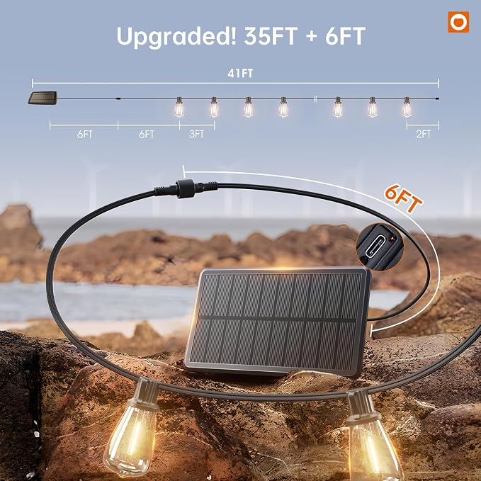 addlon 35FT Solar String Lights Outdoor Waterproof with Remote & USB Port | 10+1 LED Shatterproof Bulbs, Dimmable Solar Light Outdoor for Camping Backyard Bistro Porch