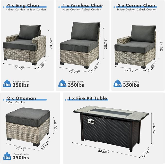 10 Pcs Outdoor Sectional Patio Furniture Set with Fire Pit Table - All Weather Wicker Modular Outside Sectional Couch,Patio Seating Outdoor Conversation Sets for Deck Yard Garden,Black