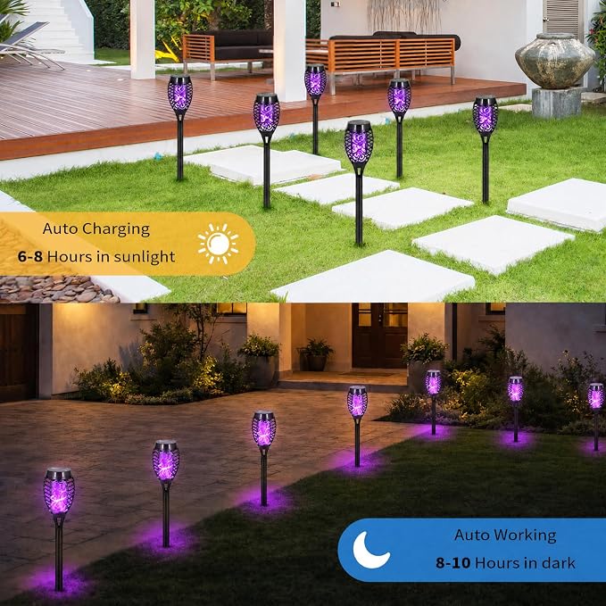 8 Pack Solar Lights Outdoor, Purple Flickering Flame Torches | Purple Flickering Flame, Long Nighttime Glow, Auto-On at Dusk, IP65 Weather-Resistant, Tool-Free Ground Setup