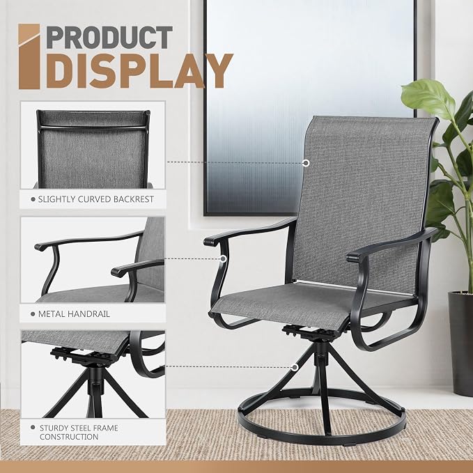 Crownland Outdoor Swivel Dining Chair Set of 2, All Weather 360° Swivel Rocking High Back Model Patio Dining Chairs, Textilene Fabric Wrought Iron Chair Set for Backyard, Lawn, Garden(Grey)
