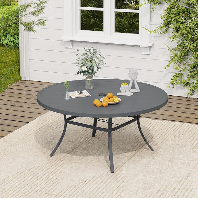 VICLLAX Patio Dining Set, 53" Dark Grey Table & 6 Chairs with Wheat Cushion | Outdoor Table and Chairs Set of Round Metal Patio Table, Outdoor Dining Chairs with Metal Frame, Garden Deck Porch