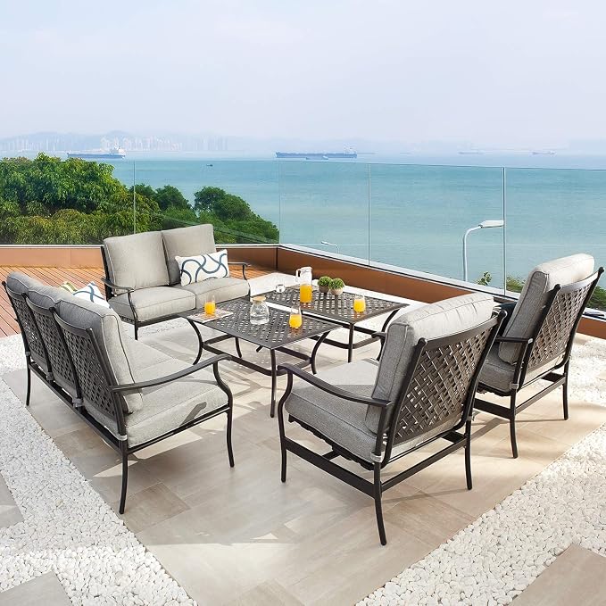 Patio Conversation Set 6 Pieces Metal Outdoor Furniture Seating Sets with Grey Thick Cushions