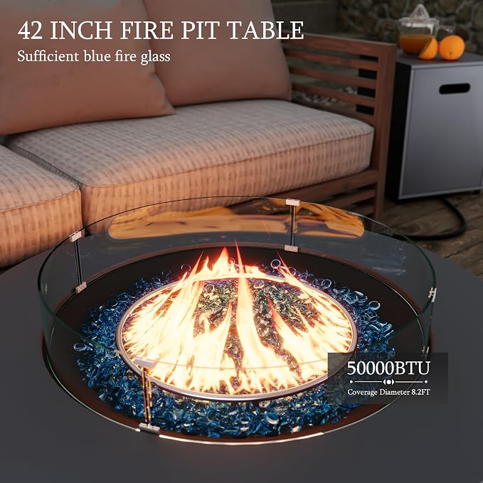 UPHA 6 Pieces Patio Furniture Set with 42" Propane Gas Fire Pit Table, Metal Outdoor Sectional Couch Set with Loveseat Sofa, Modern Patio Conversation Set for Porch Balcony Deck, 4 Seats, Navy Blue