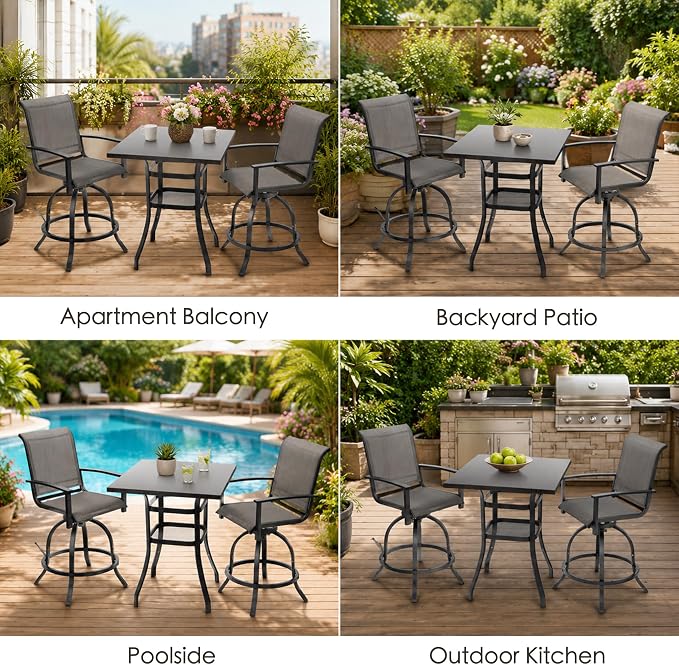 Kozyard 3-Piece Patio Bar Set with 2 Swivel Bar Chairs, Counter Height Outdoor Bistro Table Set with Marble-Look Tabletop & Storage Shelves, All-Weather Patio Furniture for Balcony, Backyard, Poolside
