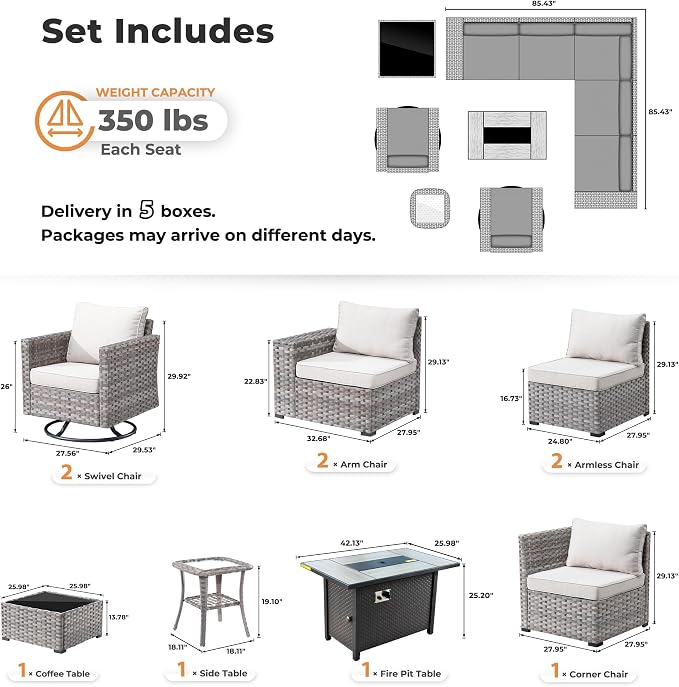 ovios 10 Pieces Patio Furniture Set, Outdoor Wicker Sectional Sofa with 42" Fire Pit Table Swivel Chairs, Modern Modular Deep Seat Rattan Couch Conversation Sets, Beige