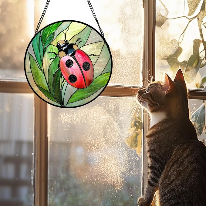 DASTOLL Stained Glass Window Hanging 4 Pcs Set Pink Green Insect Theme 9.8" - Butterfly Suncatcher Door Garden Sun Catcher Decor Birthday Christmas for Mom Woman Nana Men