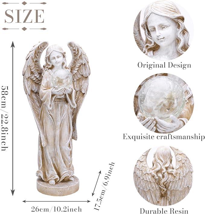 TERESA'S COLLECTIONS Large Angel Garden Statues with Solar Outdoor Light for Outdoor Decor, Fairy Figurine Resin with Wing & Glass Ball for Garden Decor, Yard Decor Lawn Ornament Gifts for Mom, 23"