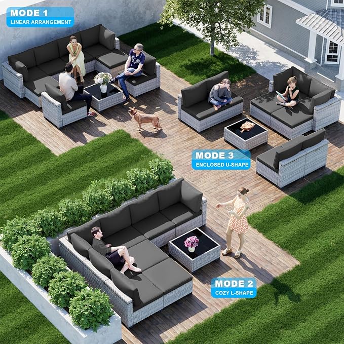 9-Piece Patio Furniture Set, Outdoor Sectional with Ottomans, Modular Patio Sofa, Dual-Strand Wicker Rattan, Rust-Resistant Frame, Backyard Furniture for Garden, Deck, Black