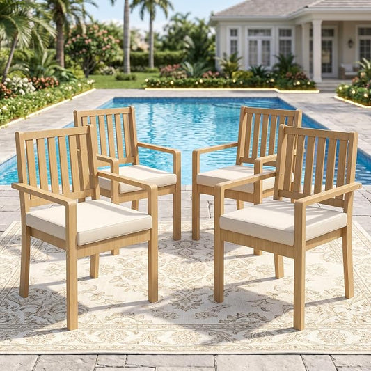 FansaFurn Acacia Patio Chairs Set of 4 for All-Weather, Solid Wood Outside Furniture with 3.1" Thick Cushions, Modern Outdoor Chairs for Backyard, Porch, Garden, Indoor Use, Brown
