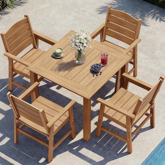 YEFU HIPS Outdoor Table and Chairs : Square Family-Friendly Patio Dining Sets - 5-Piece All-Weather Easy-Clean Outdoor Dining Set - Modern Furniture for Garden Deck Backyard Poolside（Teak）