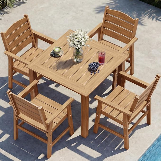 YEFU HIPS Outdoor Table and Chairs : Square Family-Friendly Patio Dining Sets - 5-Piece All-Weather Easy-Clean Outdoor Dining Set - Modern Furniture for Garden Deck Backyard Poolside（Teak）