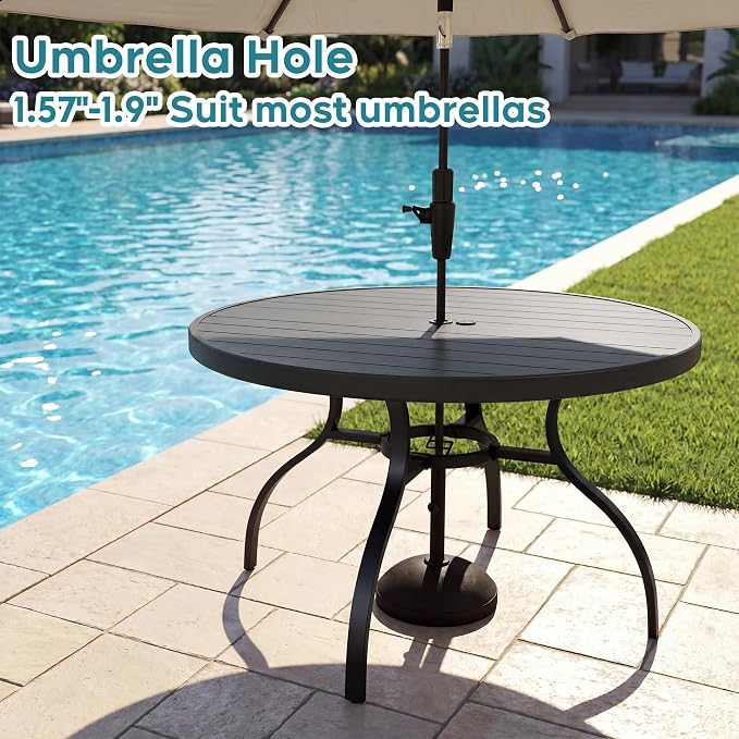 47” Round Outdoor Dining Table for 6,Metal Patio Dining Table with Adjustable Umbrella Hole,All-Weather Black Outdoor Patio Table for Porch, Garden, Backyard, Poolside, Lawn