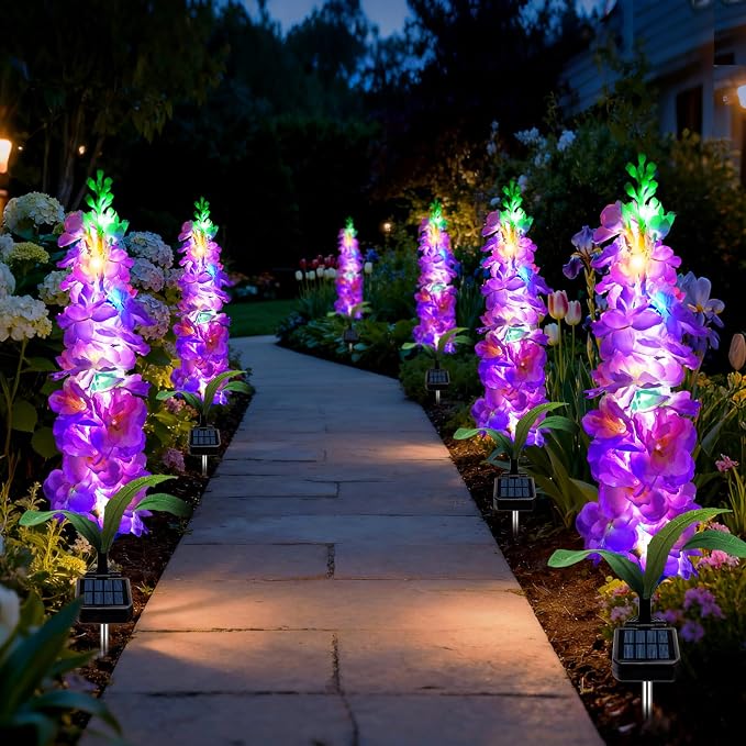 MRHEPHAESTUS Solar Garden Lights, Solar Purple Delphinium Flowers Lights 4 Pack 80 LEDs, Waterproof Outdoor Light Two Lighting Modes for Outside Wedding Party Garden Yard Patio Lawn Decor
