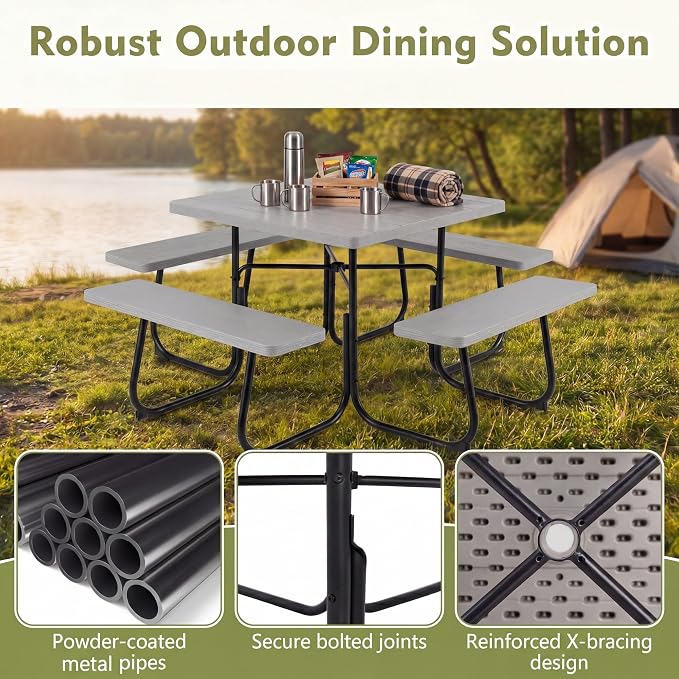 GYMAX Picnic Table Bench with Umbrella Hole, 8 Person Square Outdoor Picnic Table with Metal Frame & HDPE Tabletop, Camping Table for BBQ Yard Patio, 2300LBS Capacity (Gray)