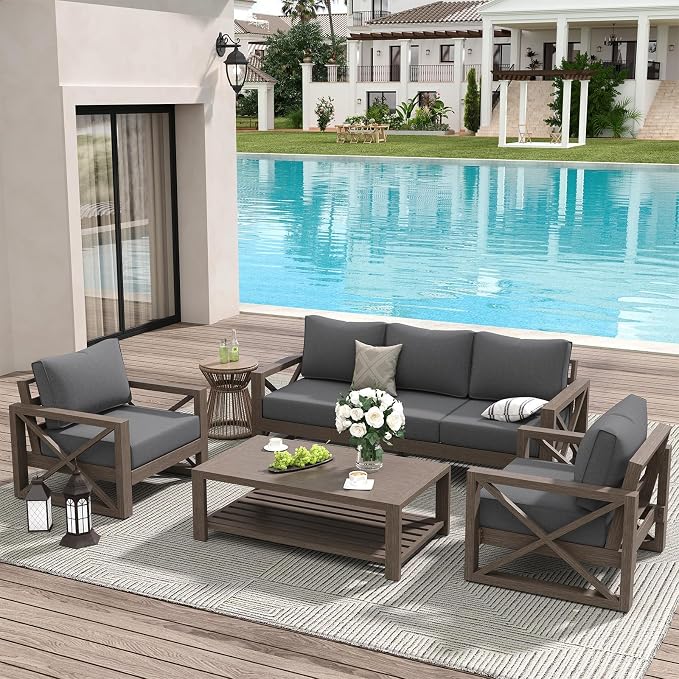 Amopatio Aluminum Patio Furniture Set, 6 Pieces Modern Metal Outdoor Furniture Sets, Faux Wood Grain Finish Frame Patio Sofa with 6" Cushion for Backyard, Dark Grey (Included Waterproof Covers)