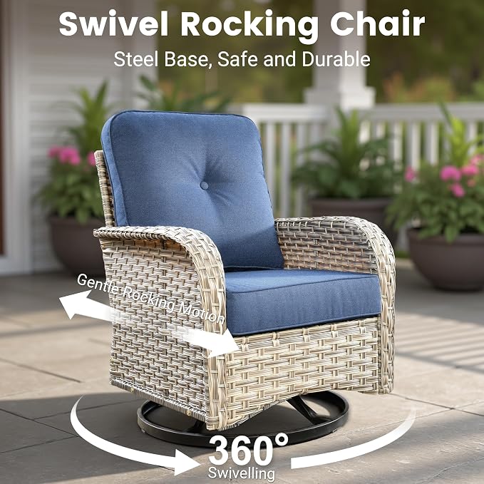 Outdoor Sectional Patio Furniture Set with Fire Pit Table,9 Pieces Rattan Wicker Conversation Sets L Shaped Couch,Outside Furniture with Swivel Chairs Glowing Coffee Table,Denim Blue